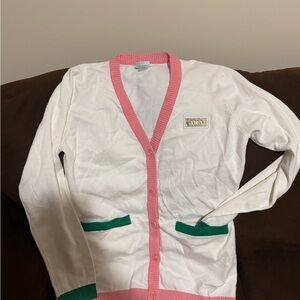 AKA White Cardigan with Pink and Green Accents